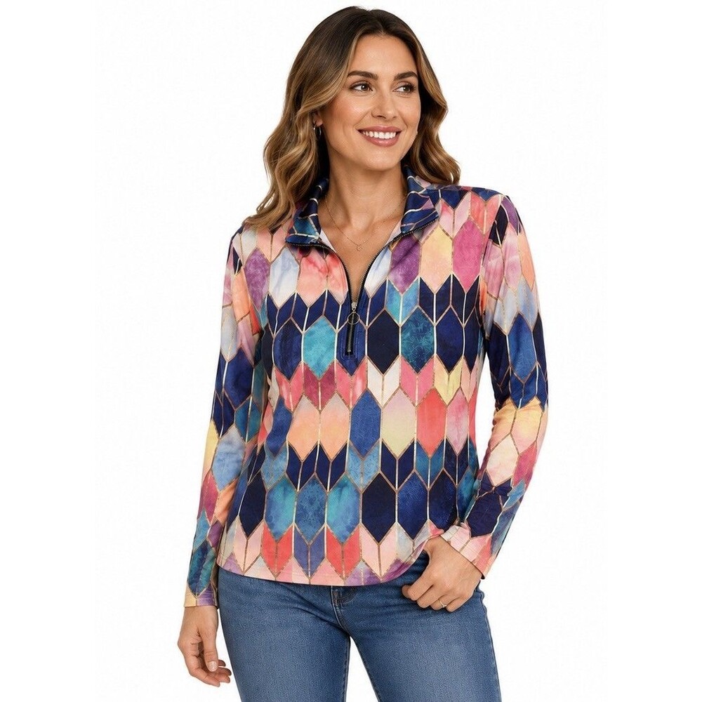 Womens Large Geometric Stained Glass Zip Long Sleeve Pullover Art Deco Y2K Top